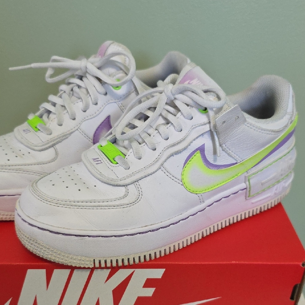 Nike White and Lime Green Sneakers with Purple Accents